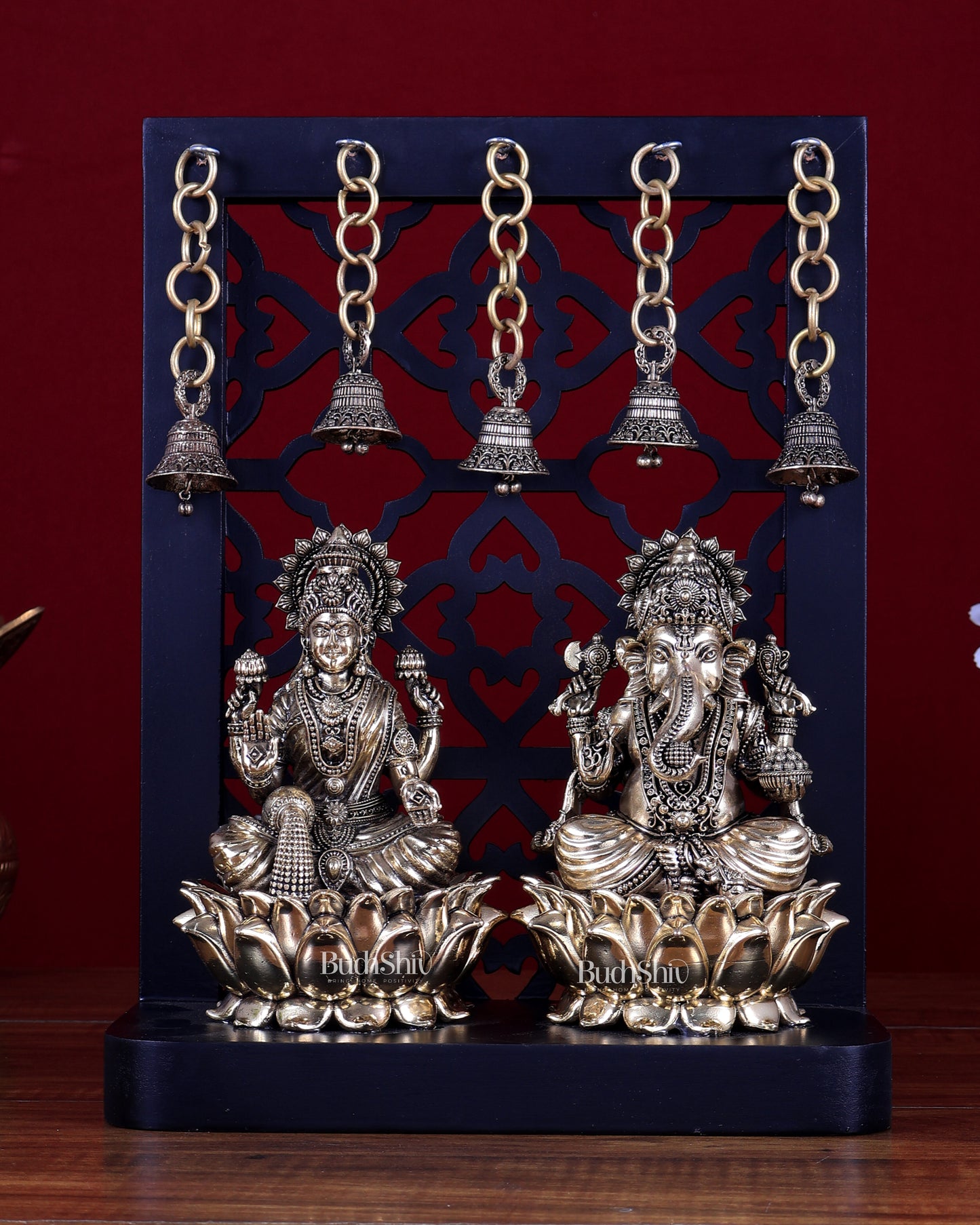 Brass Superfine Ganesha–Lakshmi on Lotus with Hanging Bells – MDF Temple Frame 12 inch