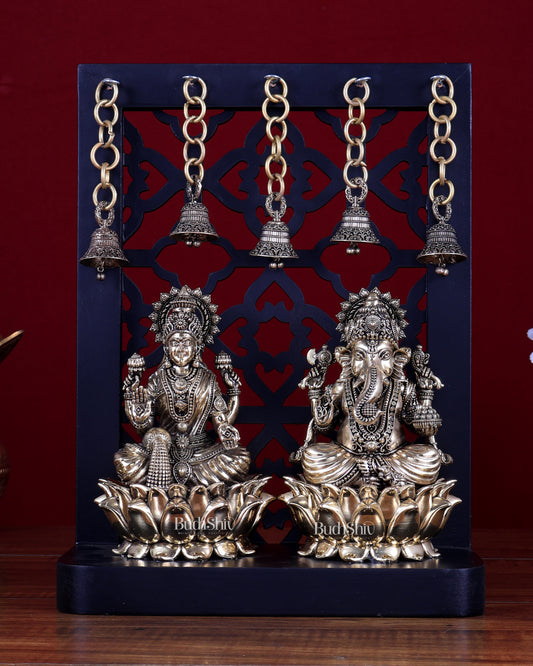 Brass Superfine Ganesha–Lakshmi on Lotus with Hanging Bells – MDF Temple Frame 12 inch
