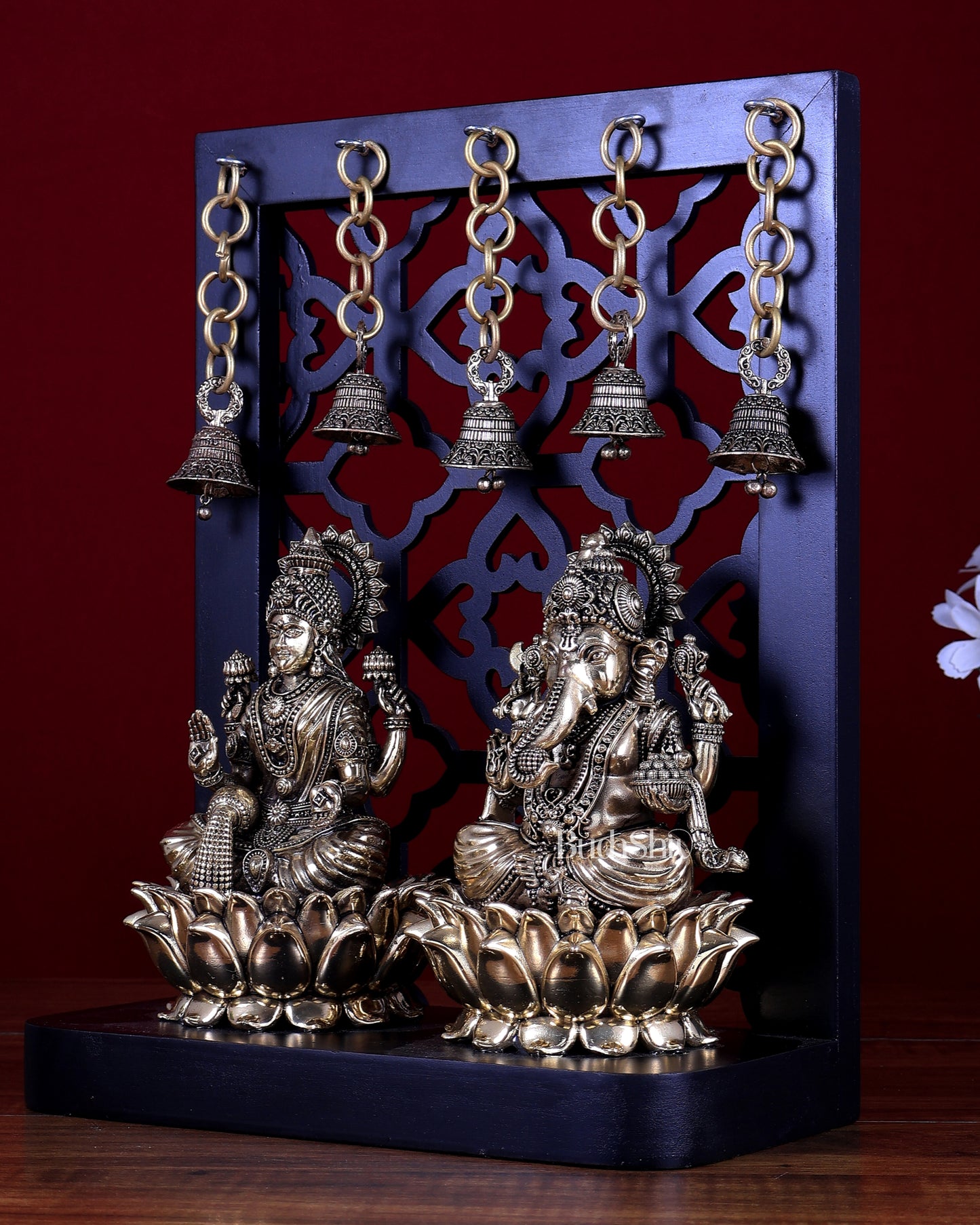 Brass Superfine Ganesha–Lakshmi on Lotus with Hanging Bells – MDF Temple Frame 12 inch