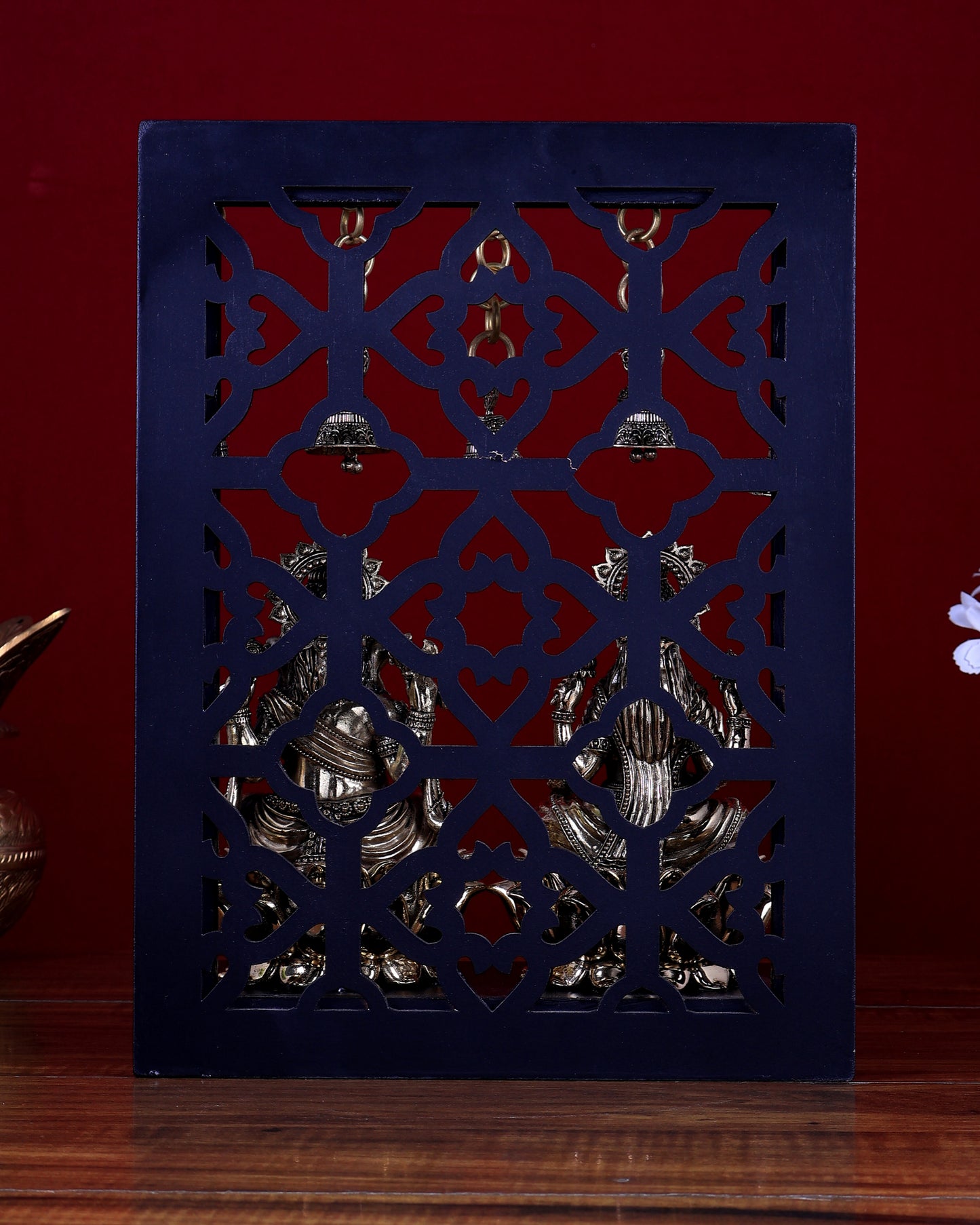 Brass Superfine Ganesha–Lakshmi on Lotus with Hanging Bells – MDF Temple Frame 12 inch