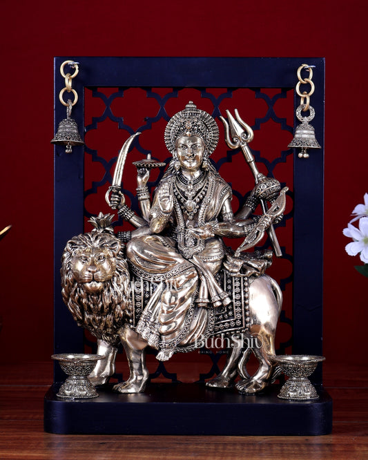 Brass Superfine Goddess Durga on Temple Arch with Hanging Bells – MDF Platform 12 inch