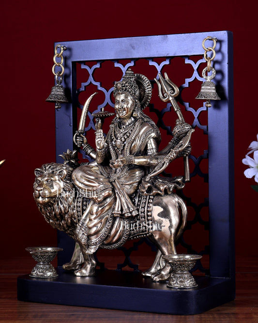 Brass Superfine Goddess Durga on Temple Arch with Hanging Bells – MDF Platform 12 inch