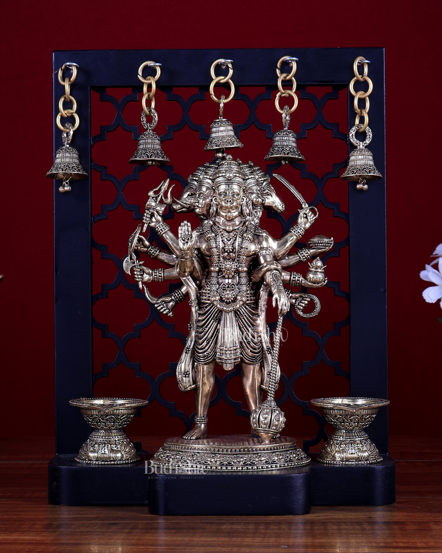 Brass Panchmukhi Hanuman on Temple Frame with Diyas & Bells 12 inch