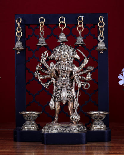Brass Panchmukhi Hanuman on Temple Frame with Diyas & Bells 12 inch