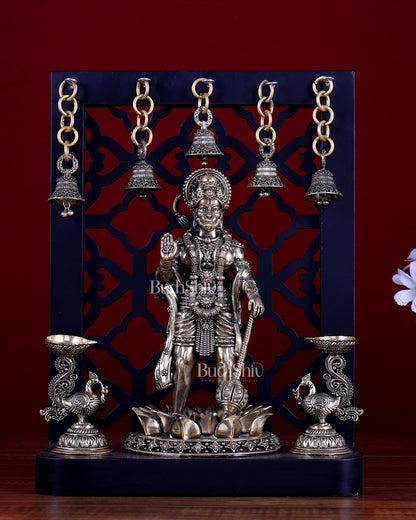 Brass Superfine Hanuman Ji Standing with Annam Diyas & Hanging Bells – MDF Temple Frame 12 inch