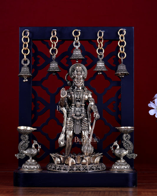 Brass Superfine Hanuman Ji Standing with Annam Diyas & Hanging Bells – MDF Temple Frame 12 inch