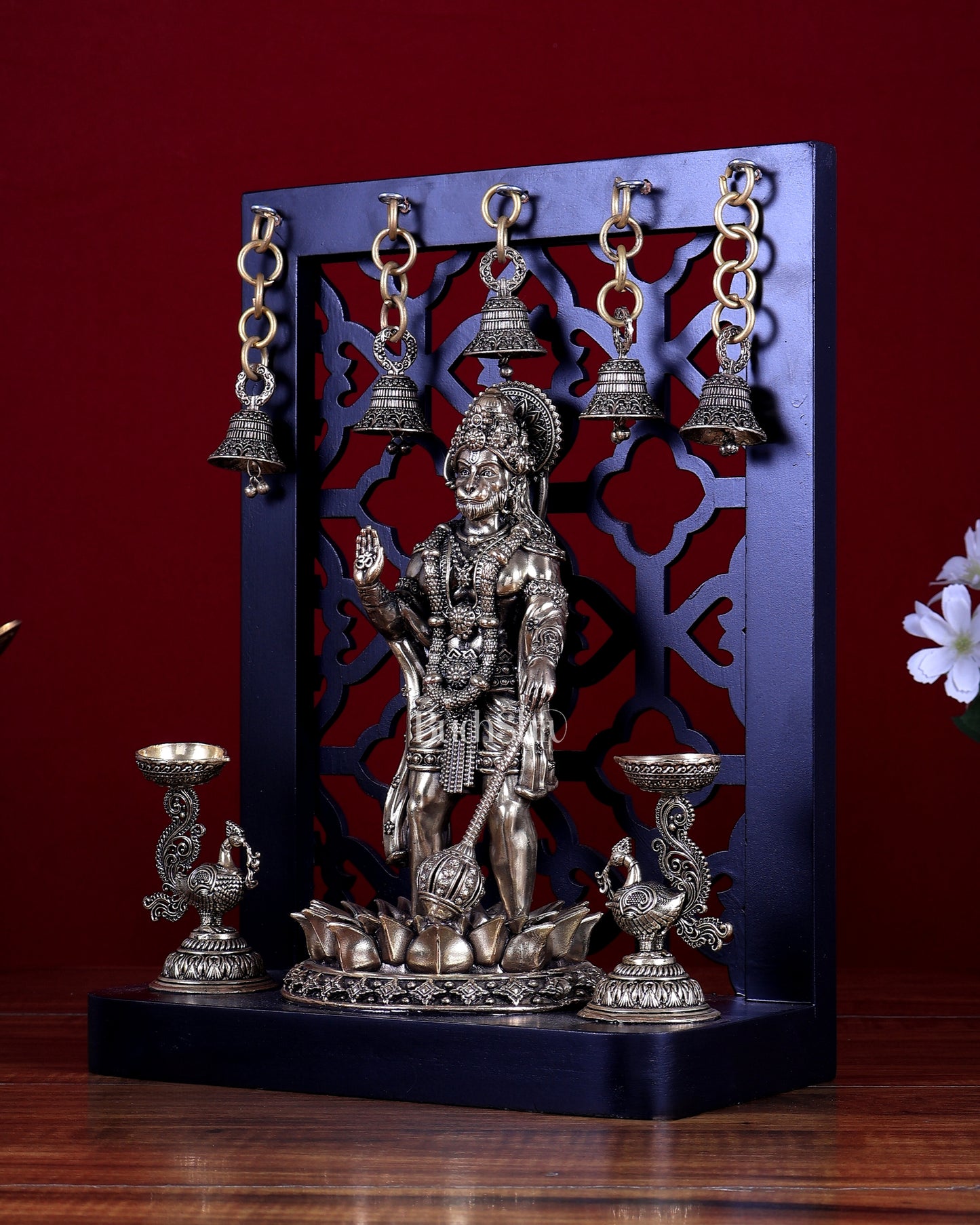 Brass Superfine Hanuman Ji Standing with Annam Diyas & Hanging Bells – MDF Temple Frame 12 inch