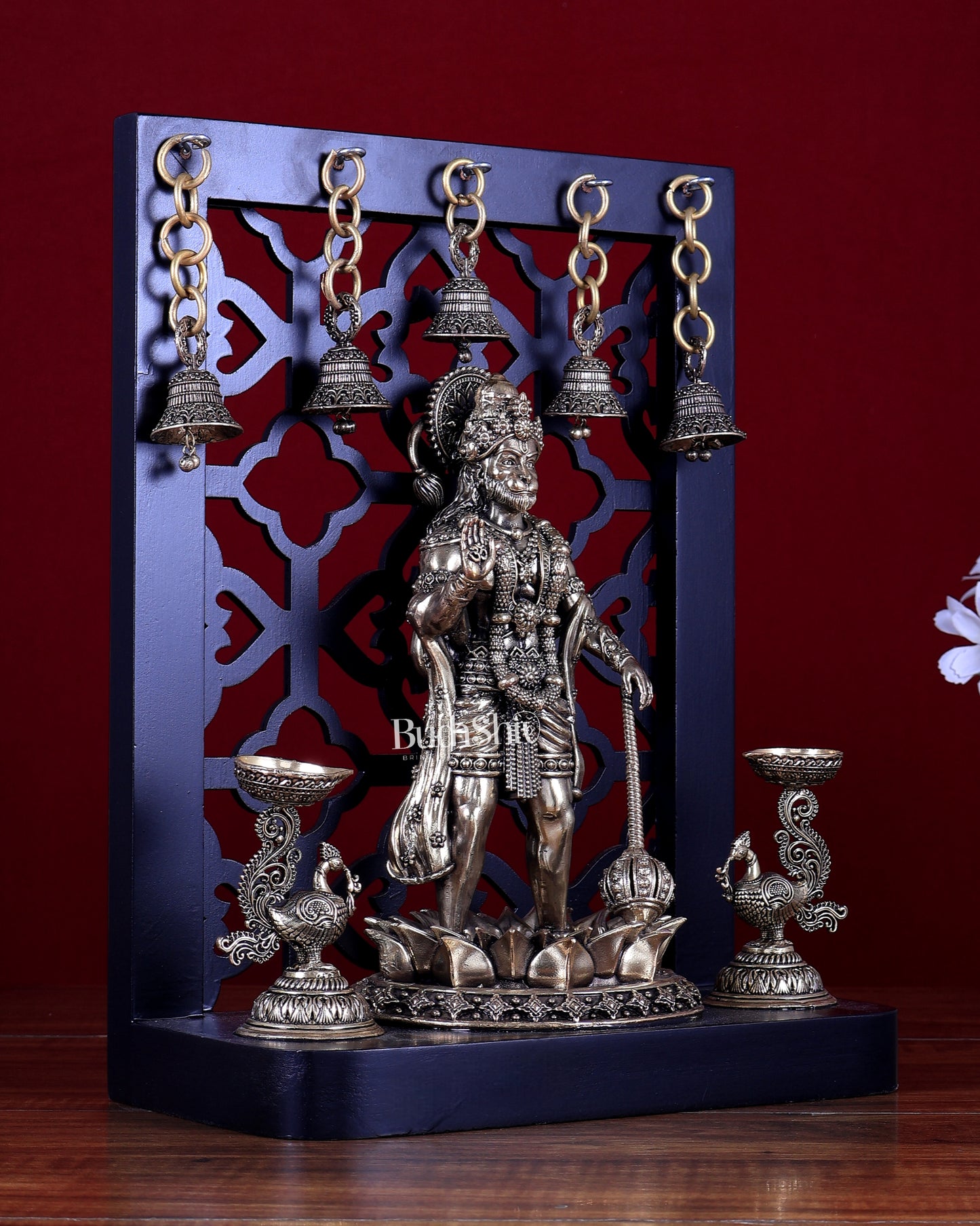 Brass Superfine Hanuman Ji Standing with Annam Diyas & Hanging Bells – MDF Temple Frame 12 inch