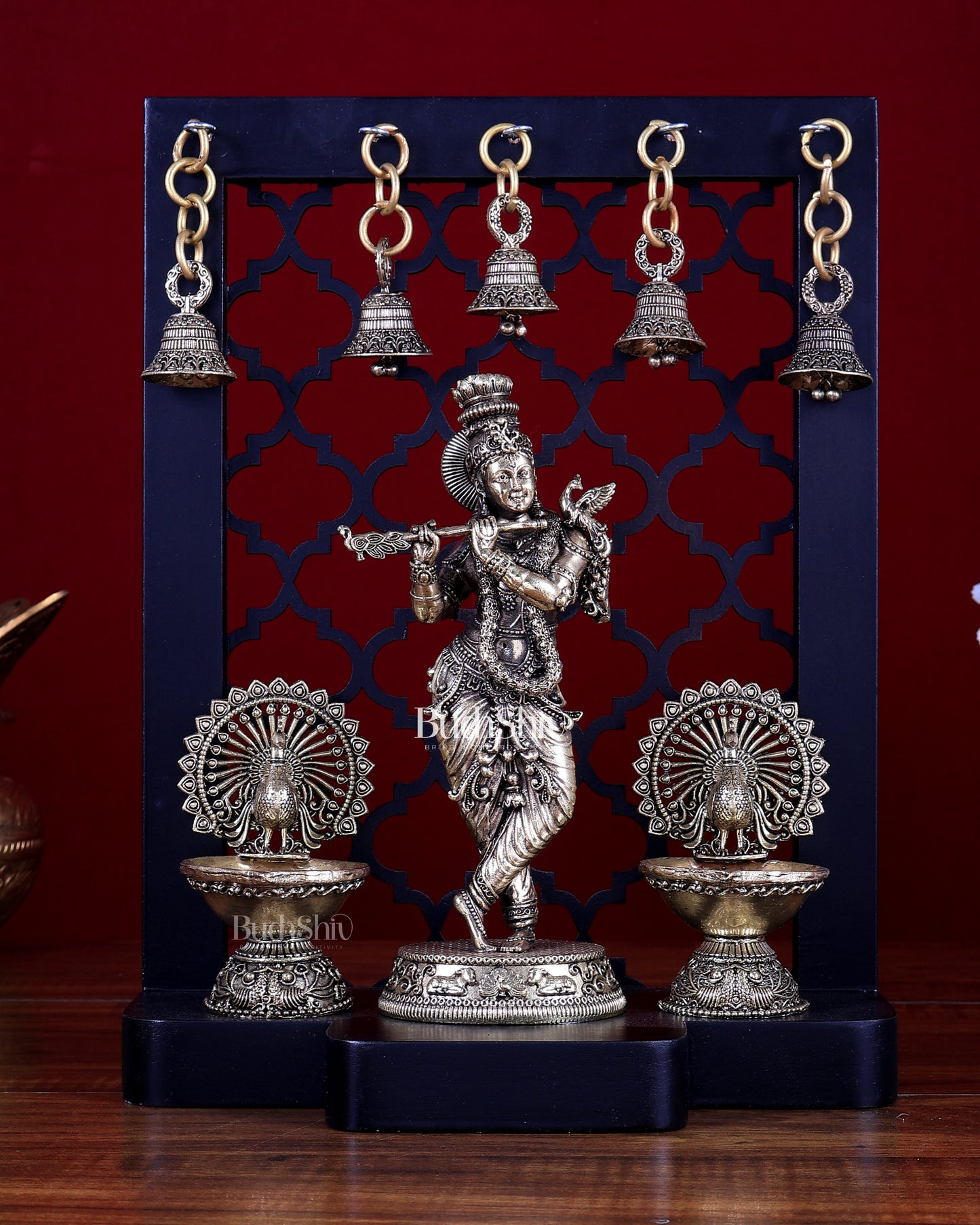Brass Superfine Lord Krishna with Dual Peacock Lamps & Hanging Bells – MDF Temple Frame