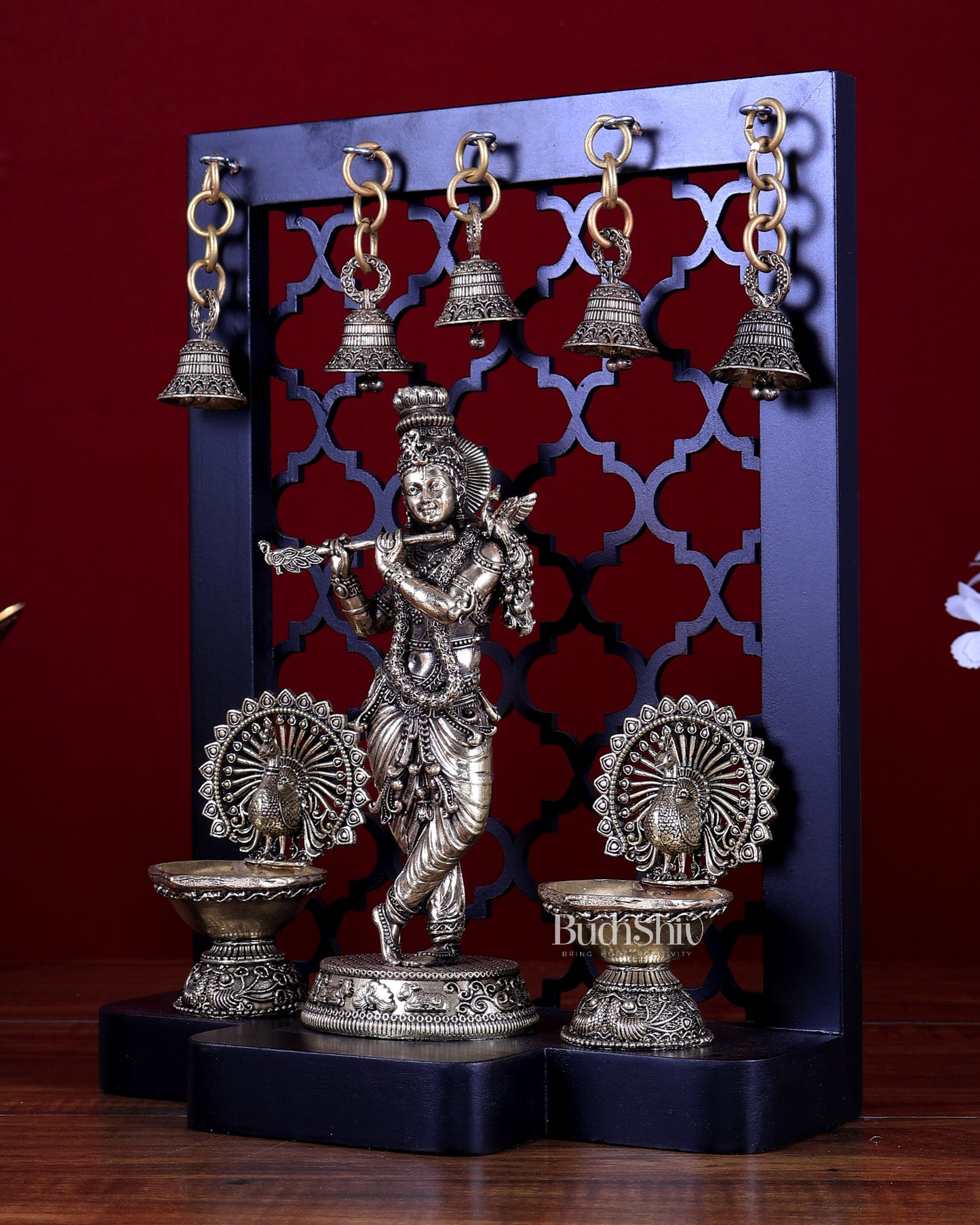 Brass Superfine Lord Krishna with Dual Peacock Lamps & Hanging Bells – MDF Temple Frame