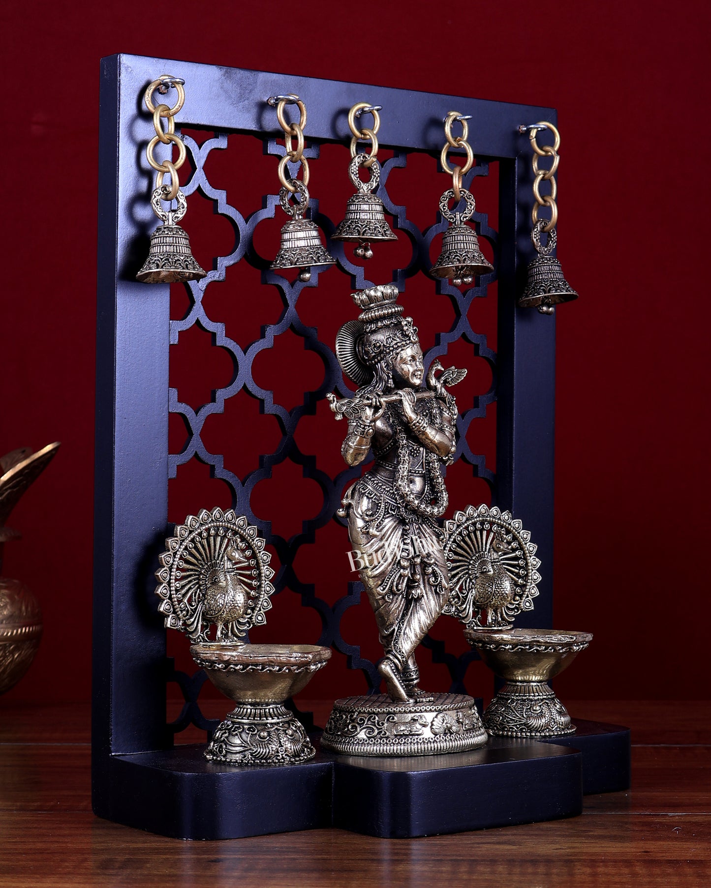 Brass Superfine Lord Krishna with Dual Peacock Lamps & Hanging Bells – MDF Temple Frame