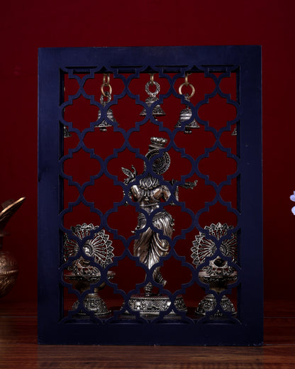 Brass Superfine Lord Krishna with Dual Peacock Lamps & Hanging Bells – MDF Temple Frame