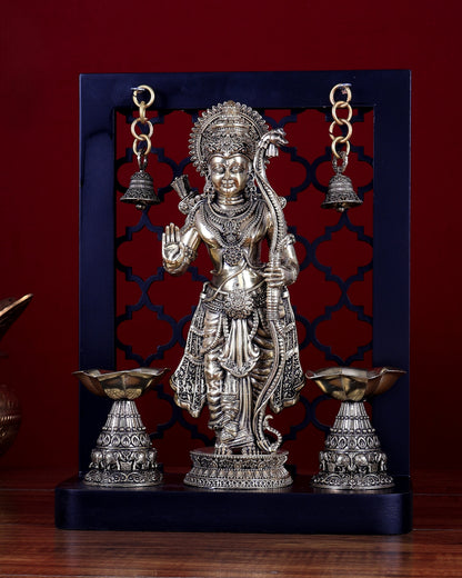 Brass Superfine Lord Rama on Temple Frame with Dual Diyas & Hanging Bells – MDF Platform 12 inch