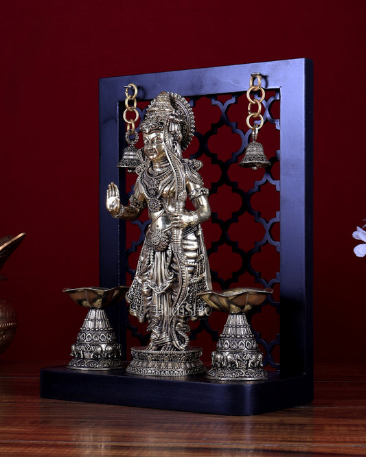 Brass Superfine Lord Rama on Temple Frame with Dual Diyas & Hanging Bells – MDF Platform 12 inch