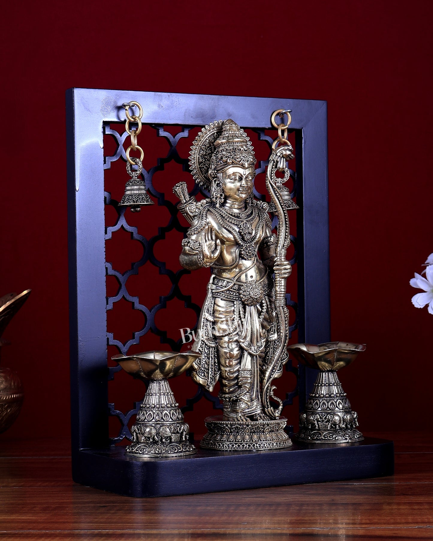 Brass Superfine Lord Rama on Temple Frame with Dual Diyas & Hanging Bells – MDF Platform 12 inch