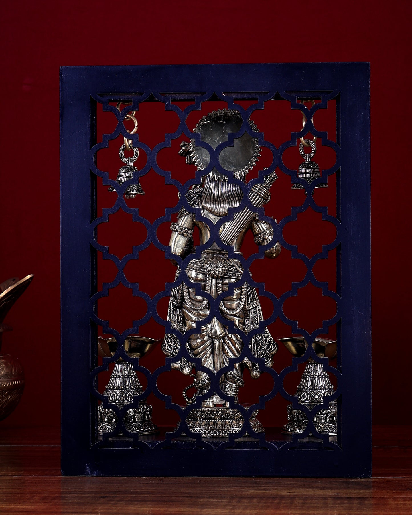 Brass Superfine Lord Rama on Temple Frame with Dual Diyas & Hanging Bells – MDF Platform 12 inch