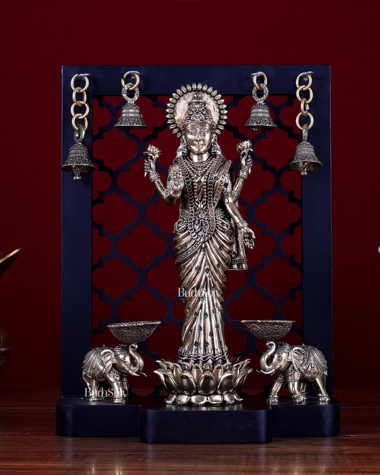 Brass Superfine Gaja Lakshmi on Temple Frame with Dual Elephant Diyas & Hanging Bells – MDF Platform