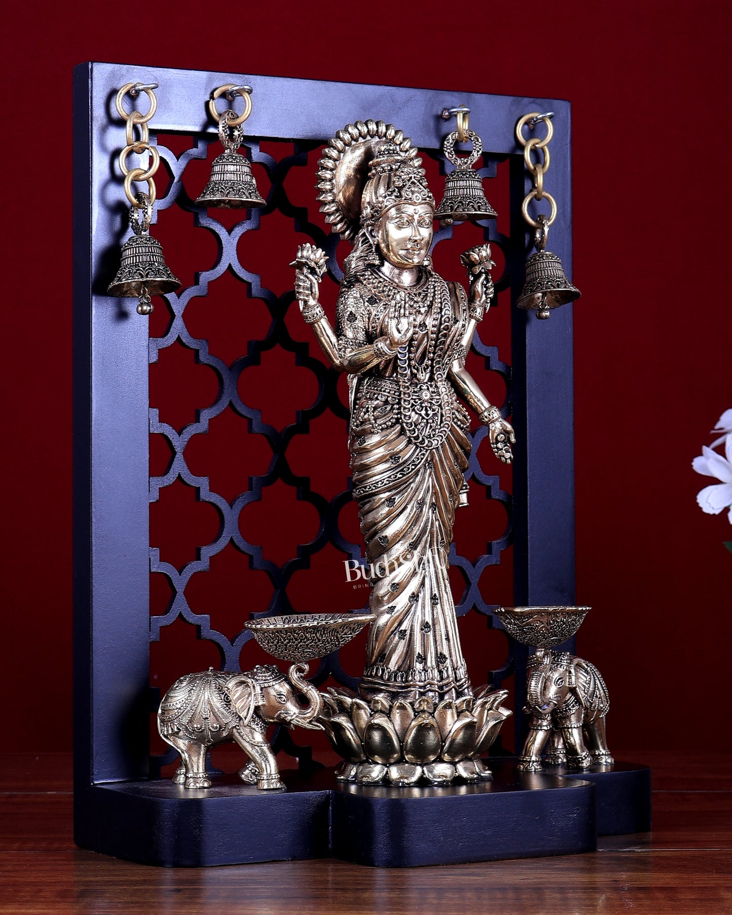 Brass Superfine Gaja Lakshmi on Temple Frame with Dual Elephant Diyas & Hanging Bells – MDF Platform