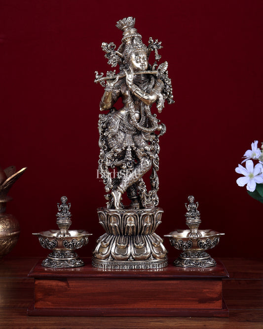 Brass Superfine Lord Krishna Idol with Twin Lakshmi Diyas on Wooden Base