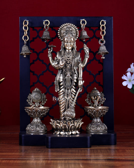 Brass Superfine Lord Vishnu Standing on Lotus with Shankh–Chakra Diyas & Hanging Bells – MDF Temple Panel 12 inch