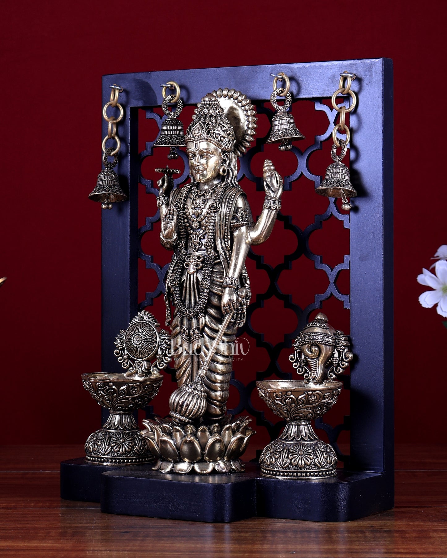 Brass Superfine Lord Vishnu Standing on Lotus with Shankh–Chakra Diyas & Hanging Bells – MDF Temple Panel 12 inch