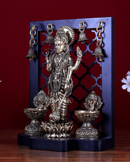 Brass Superfine Lord Vishnu Standing on Lotus with Shankh–Chakra Diyas & Hanging Bells – MDF Temple Panel 12 inch