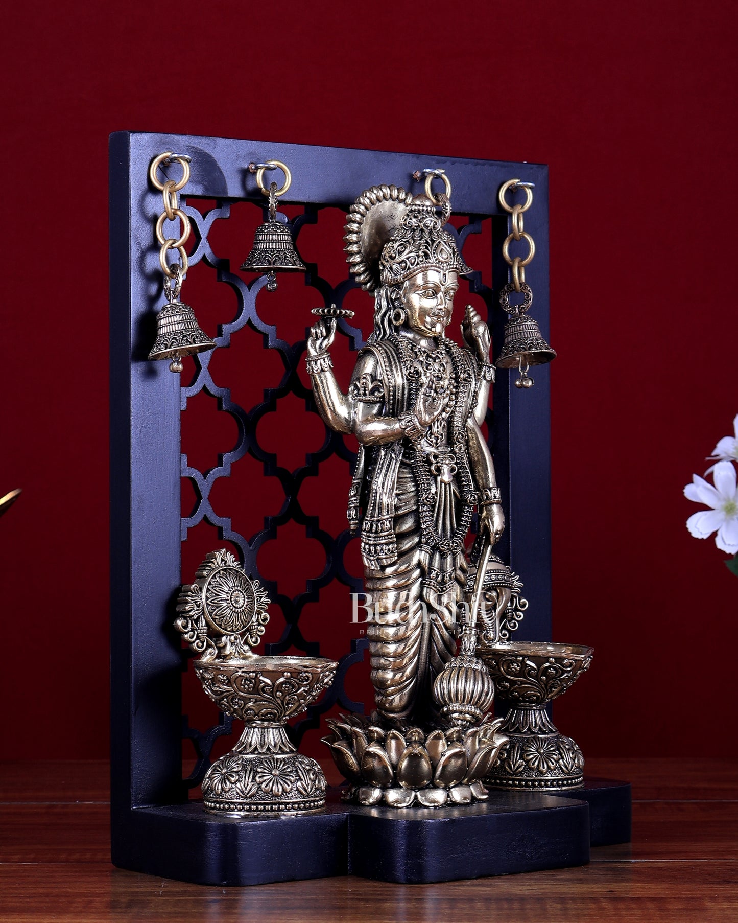 Brass Superfine Lord Vishnu Standing on Lotus with Shankh–Chakra Diyas & Hanging Bells – MDF Temple Panel 12 inch