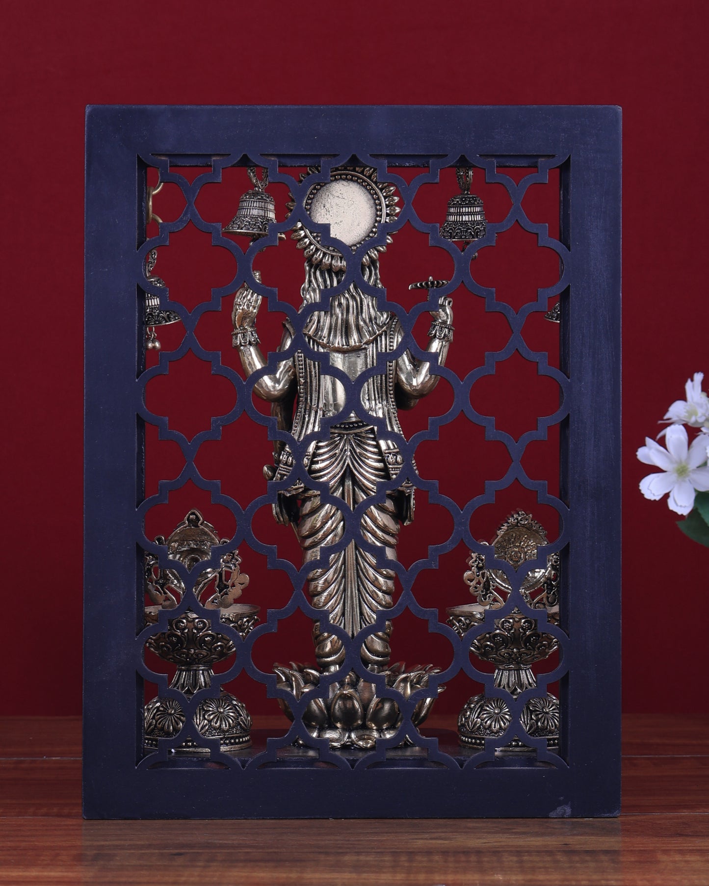 Brass Superfine Lord Vishnu Standing on Lotus with Shankh–Chakra Diyas & Hanging Bells – MDF Temple Panel 12 inch