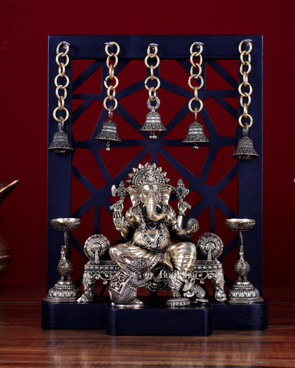 Brass Ganesha Temple Frame with Mooshak, Diyas & Bells 12 inch