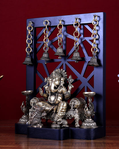 Brass Ganesha Temple Frame with Mooshak, Diyas & Bells 12 inch