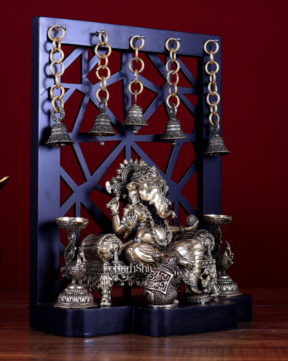Brass Ganesha Temple Frame with Mooshak, Diyas & Bells 12 inch