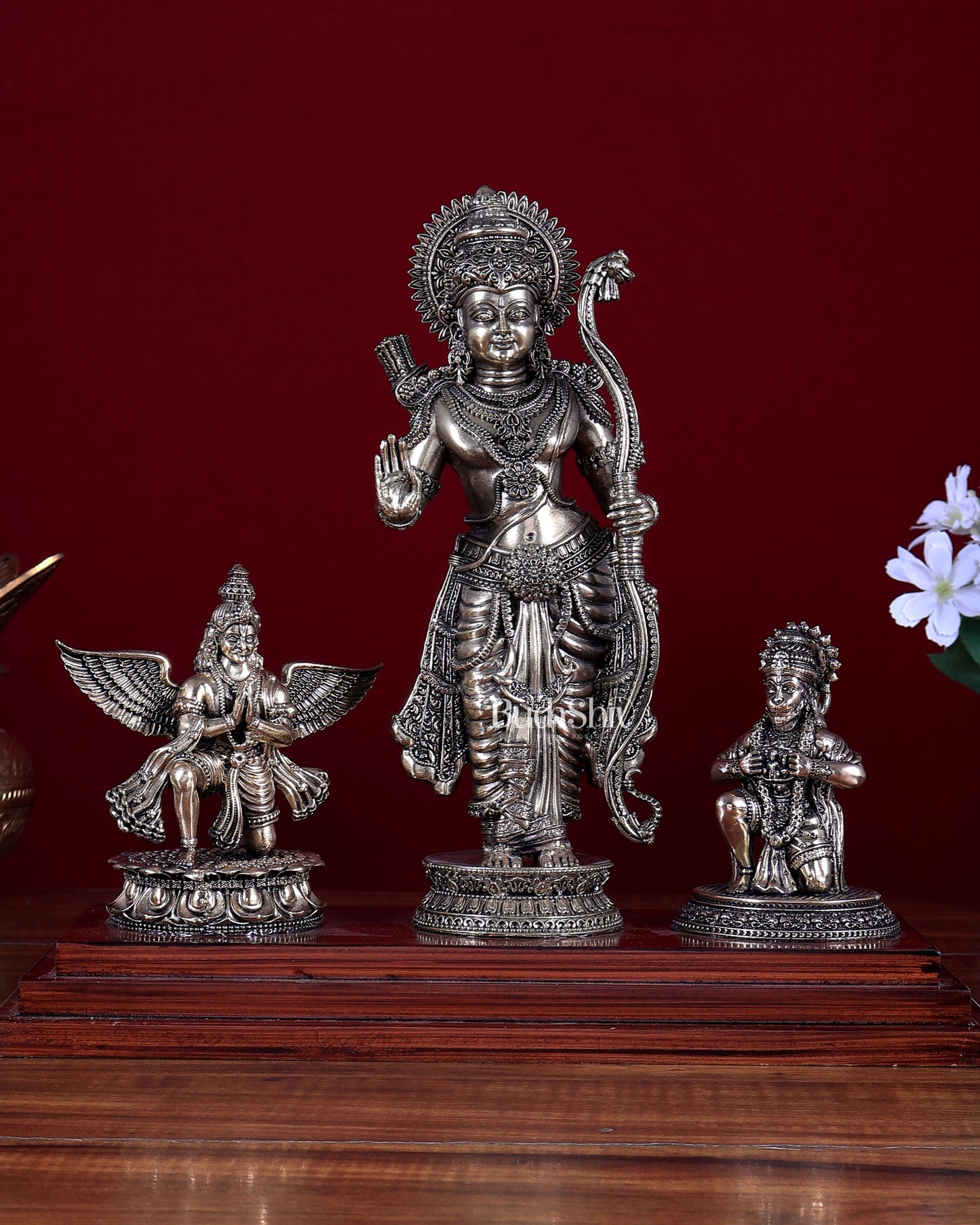 Brass Superfine Lord Rama Statue with Garuda & Hanuman on Wooden Base 12 inch