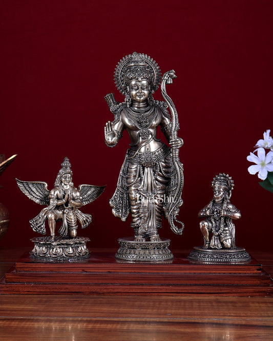 Brass Superfine Lord Rama Statue with Garuda & Hanuman on Wooden Base 12 inch