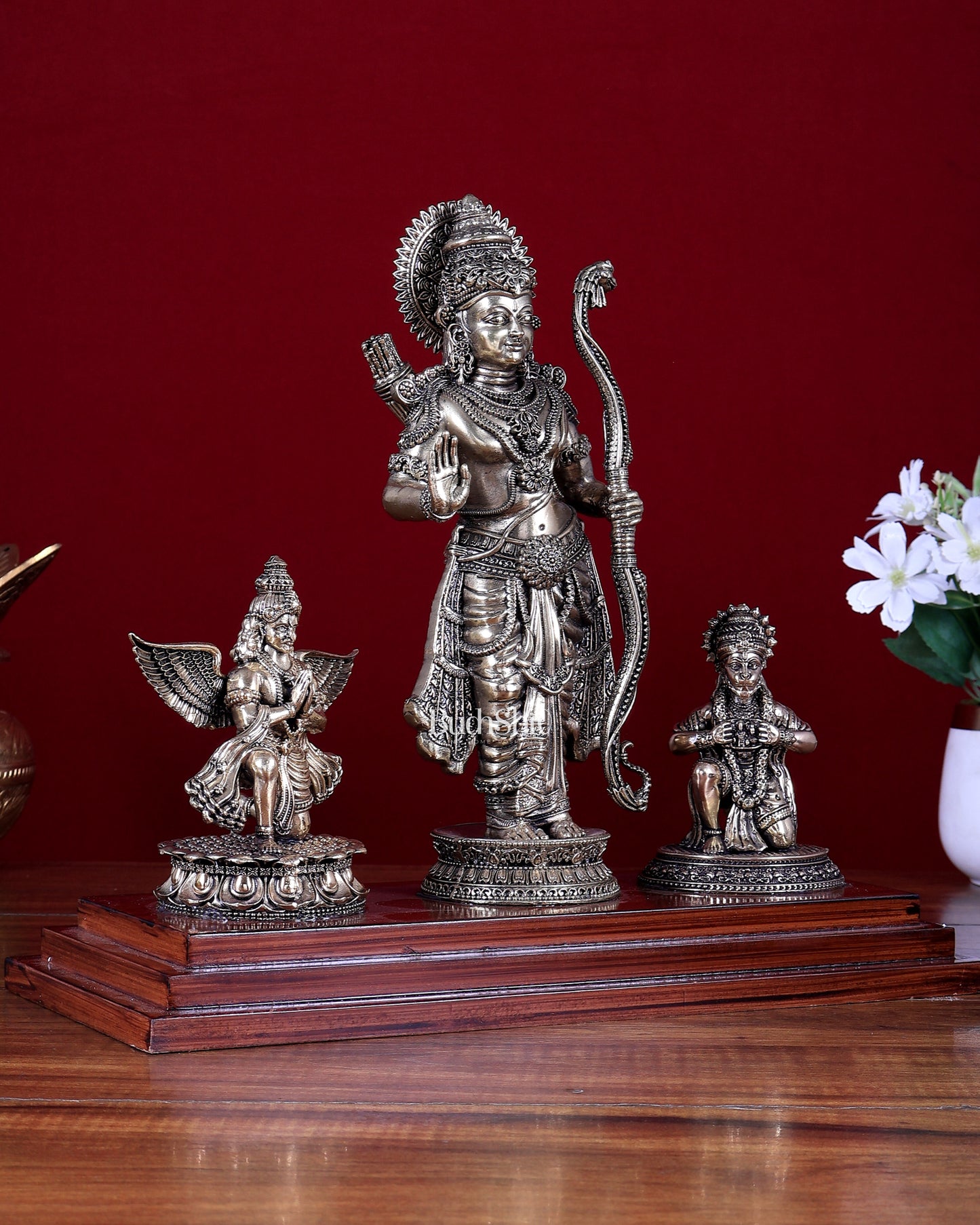 Brass Superfine Lord Rama Statue with Garuda & Hanuman on Wooden Base 12 inch
