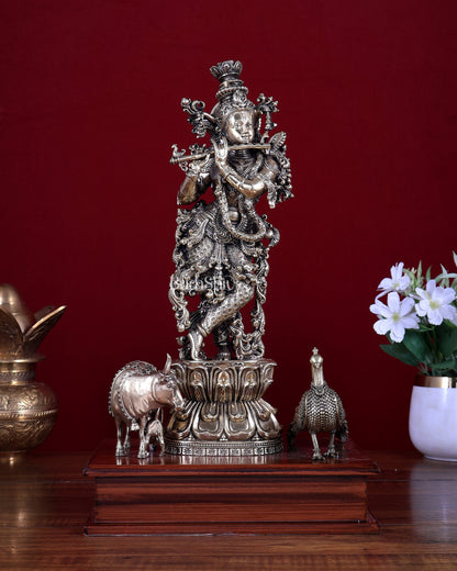 Brass Superfine Lord Krishna with Kamdhenu Cow, Calf & Peacock on Wooden Base 14 inch