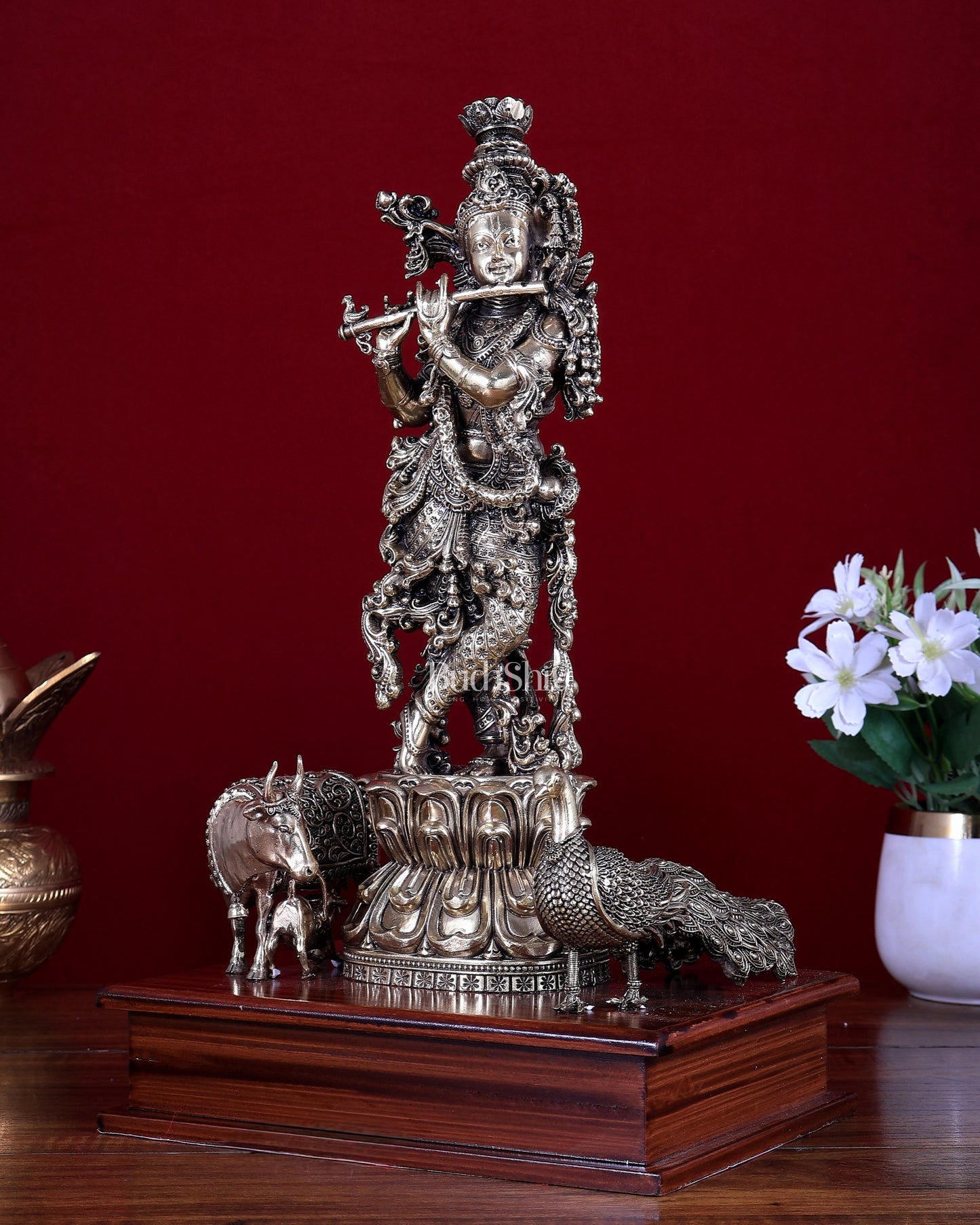 Brass Superfine Lord Krishna with Kamdhenu Cow, Calf & Peacock on Wooden Base 14 inch