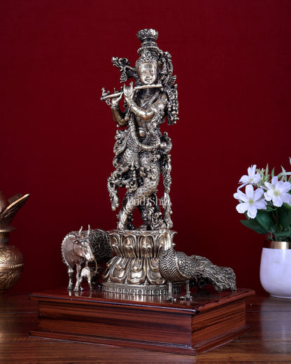 Brass Superfine Lord Krishna with Kamdhenu Cow, Calf & Peacock on Wooden Base 14 inch