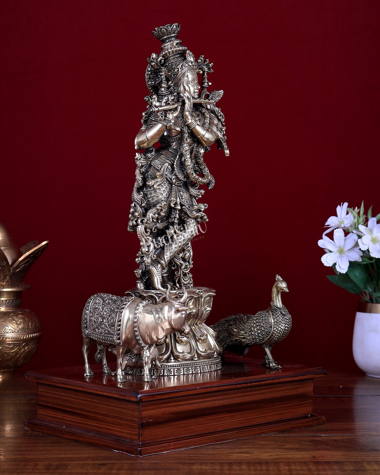 Brass Superfine Lord Krishna with Kamdhenu Cow, Calf & Peacock on Wooden Base 14 inch