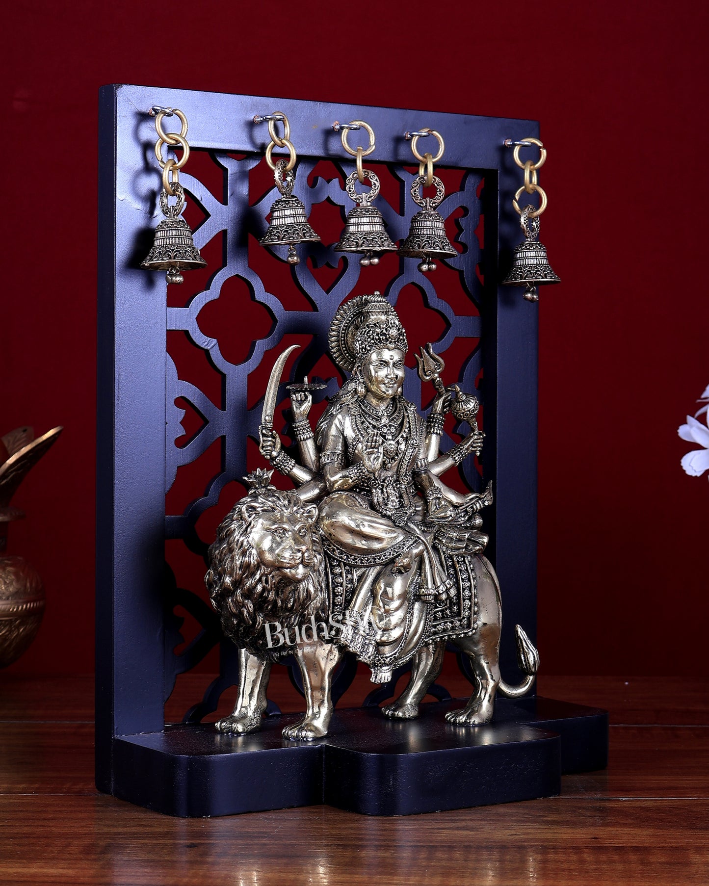 Brass Superfine Durga Mata Idol with Hanging Bells – MDF Temple Frame Panel 12 inch