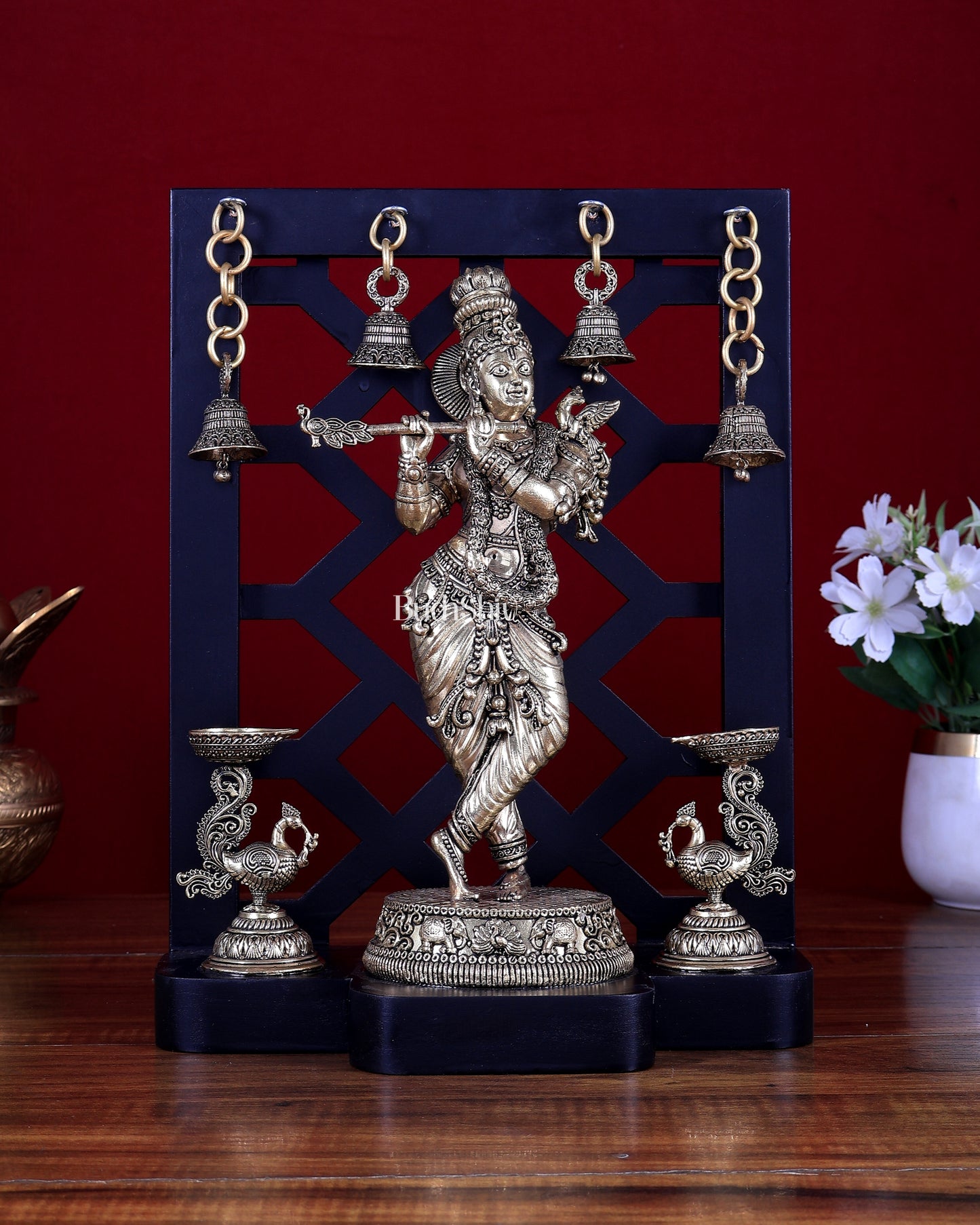 Brass Superfine Lord Krishna with Dual Annam Pakshi Lamps & Hanging Bells – MDF Temple Frame