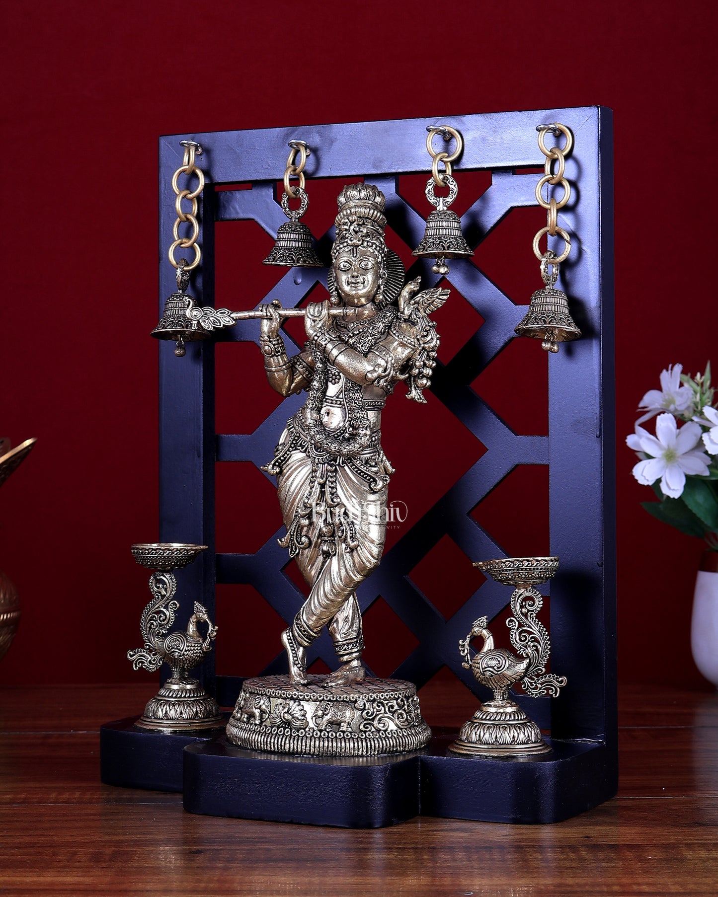 Brass Superfine Lord Krishna with Dual Annam Pakshi Lamps & Hanging Bells – MDF Temple Frame