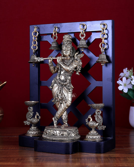Brass Superfine Lord Krishna with Dual Annam Pakshi Lamps & Hanging Bells – MDF Temple Frame