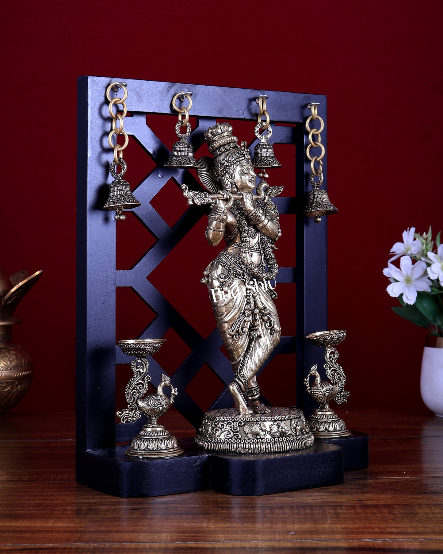 Brass Superfine Lord Krishna with Dual Annam Pakshi Lamps & Hanging Bells – MDF Temple Frame