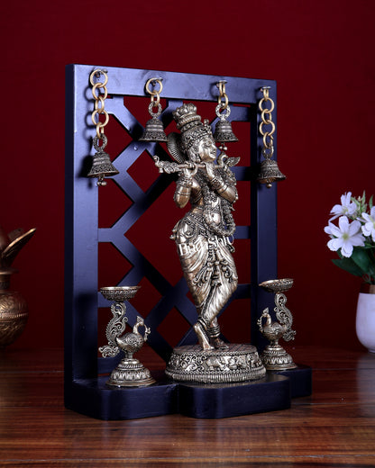 Brass Superfine Lord Krishna with Dual Annam Pakshi Lamps & Hanging Bells – MDF Temple Frame