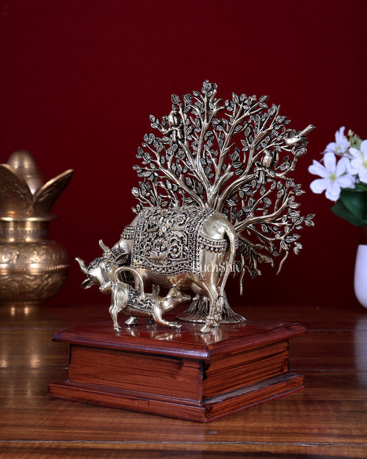 Brass Superfine Kamdhenu Cow with Calf & Tree on Wooden Base 8 inch