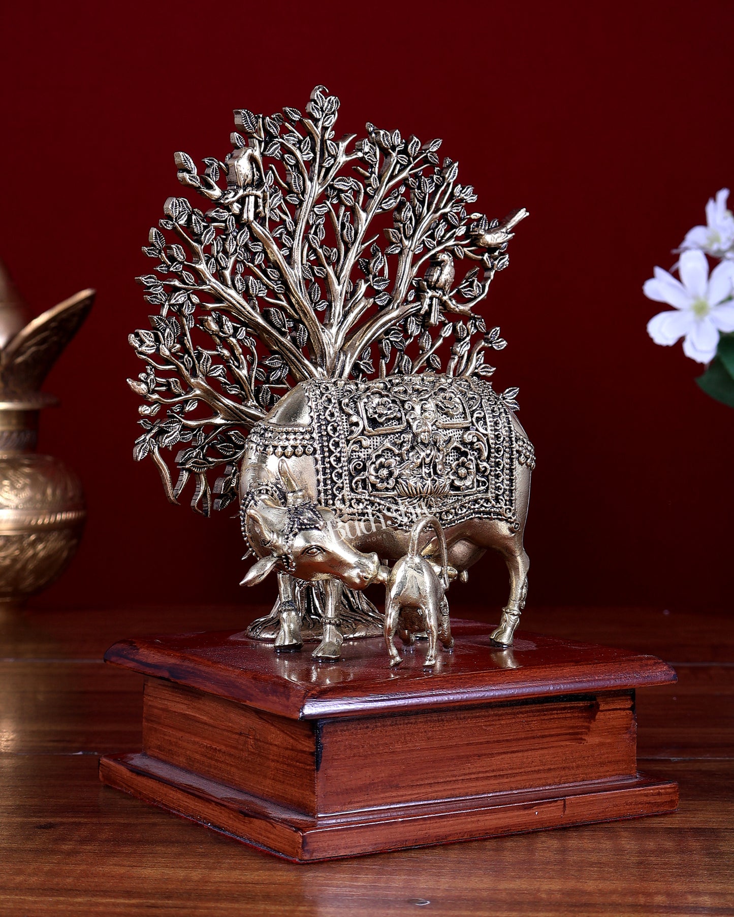 Brass Superfine Kamdhenu Cow with Calf & Tree on Wooden Base 8 inch