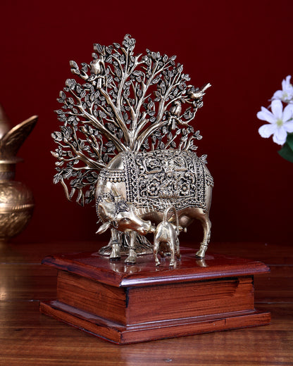 Brass Superfine Kamdhenu Cow with Calf & Tree on Wooden Base 8 inch