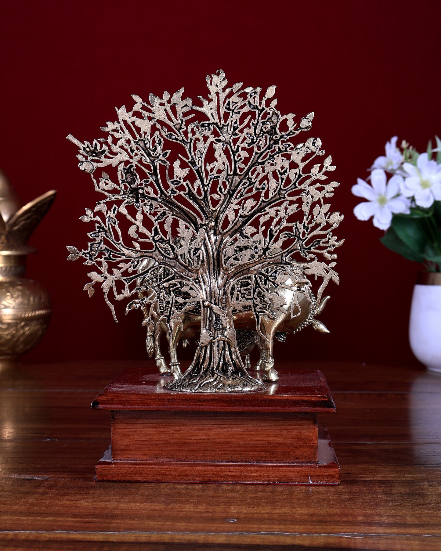 Brass Superfine Kamdhenu Cow with Calf & Tree on Wooden Base 8 inch