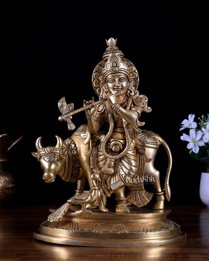 Brass Superfine Lord Krishna with Cow & Peacock – 13 inch