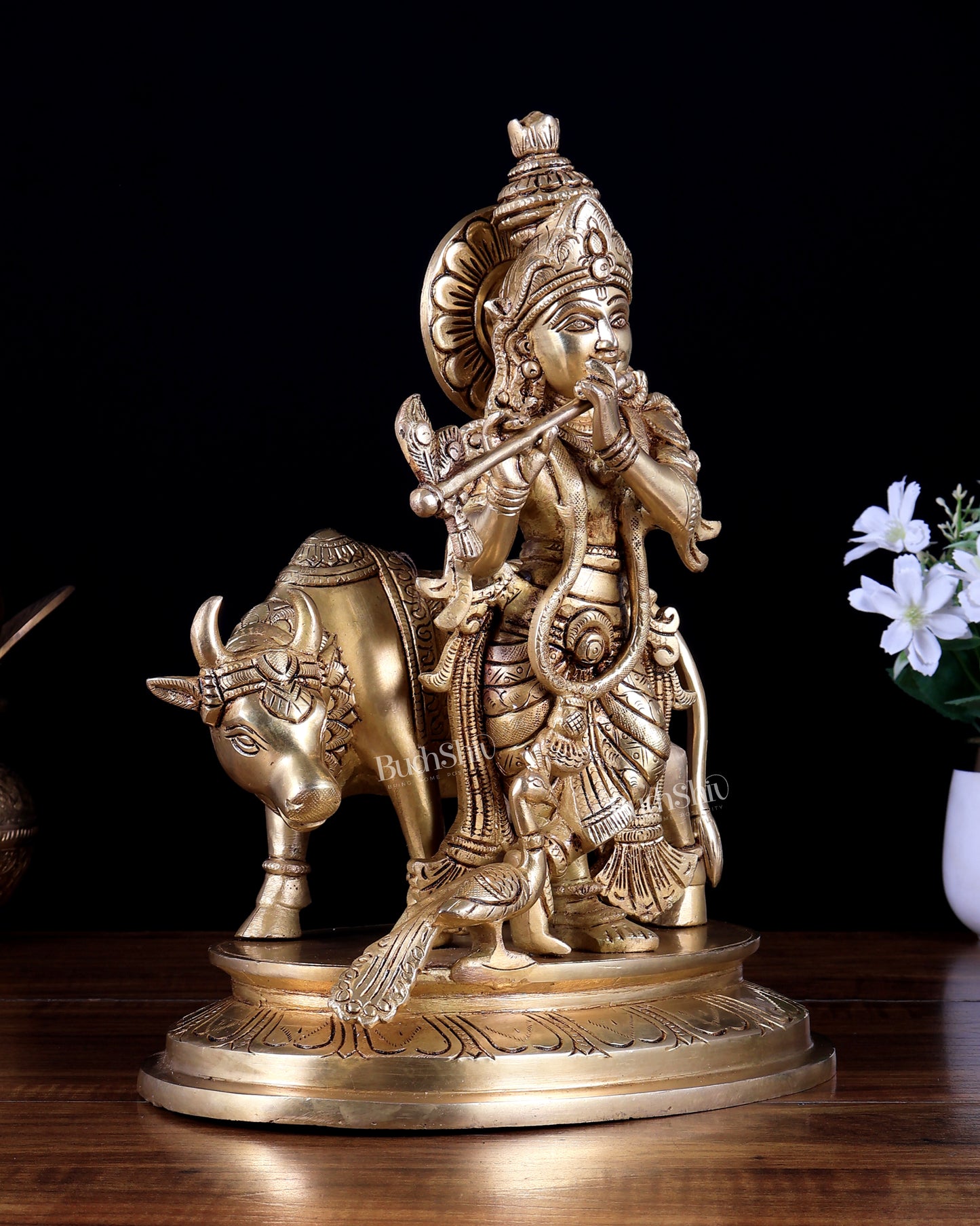 Brass Superfine Lord Krishna with Cow & Peacock – 13 inch